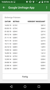 Google Umfrage App bisherige Einnahmen