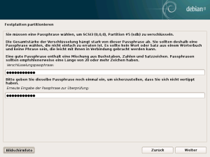 Die Gesamtstärke der Verschlüsslung hängt stark von dieser Passphrase ab. Sie sollten deshalb eine Passphrase wählen, die nicht einfach zu erraten ist. Es sollte kein Wort oder Satz aus einem Wörterbuch und keine Phrase sein, die leicht mit Ihnen in Verbindung gebracht werden kann.