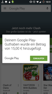 Deinem Google Play-Guthaben wurde ein Betrag von 15 Euro hinzugefügt.