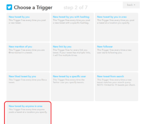 This Trigger fires every time anyone posts a tweet at a location you specify.
