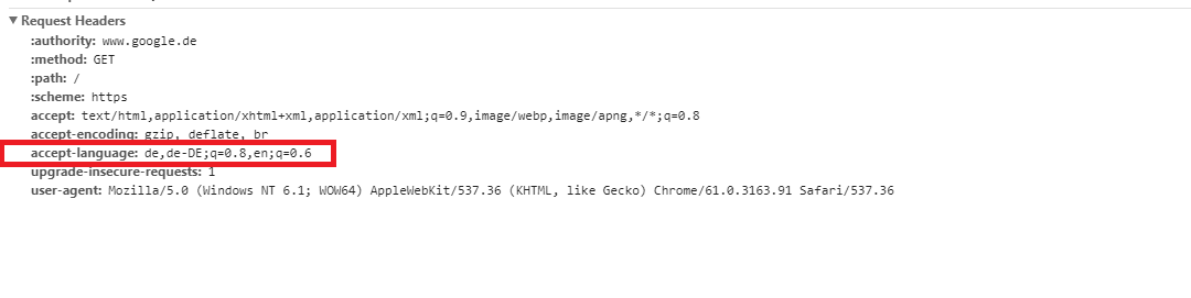 Ausschnitt aus dem Request Headers des Browsers Google Chrome