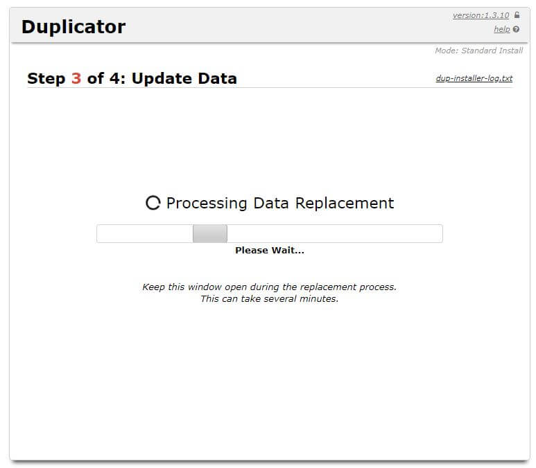 Duplicator v1.3.10 Step 3 of 4 - Processing Data Replacement