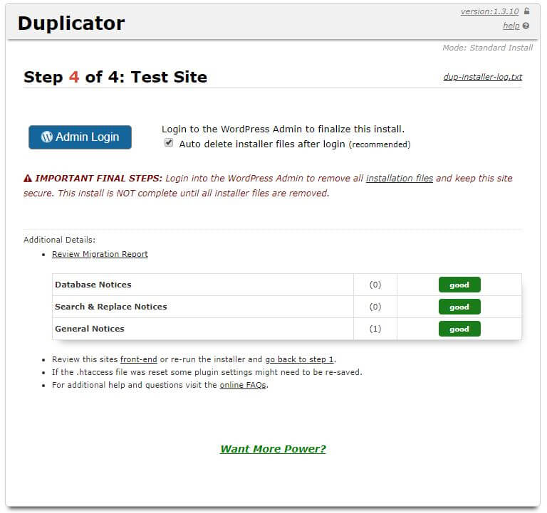 Duplicator v1.3.10 Step 4 of 4 - Test Site
