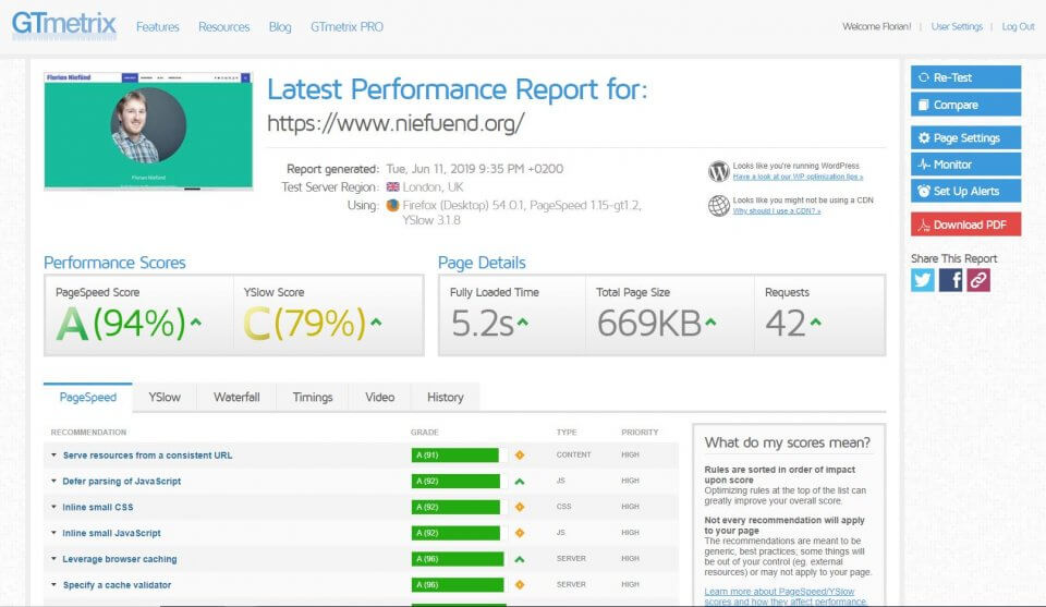 GTmetrix - Latest Performance Report für meine Webseite