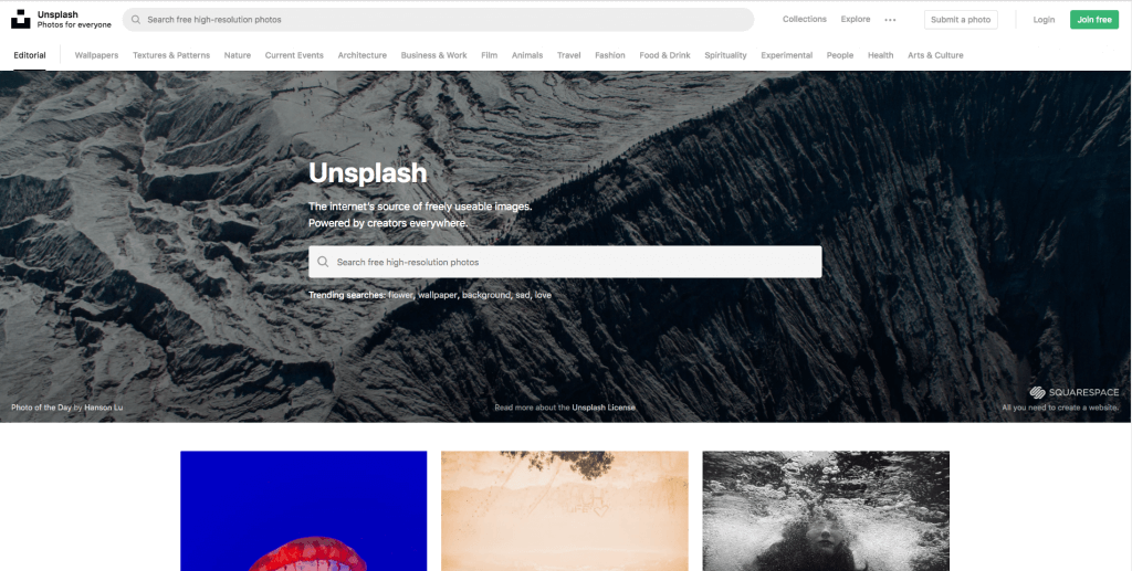 Die Startseite von unsplash.com